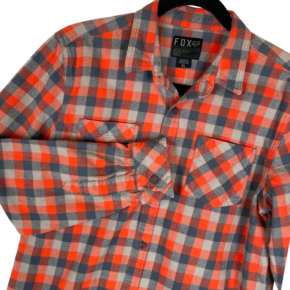 Fox Racing Heritage Forged Plaid Flannel Button Up Shirt Womens XL Orange Grey